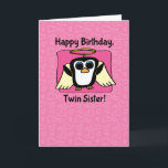 Verjaardag voor Twin Sister - Little Angel Penguin Kaart<br><div class="desc">Onze lieve kleine pinguïn vriend is schattig in haar engelenkostuum op een hartenpatroon. Perfecte verjaardagsverrassing voor je kleine engel tweelingzus die van pinguïns houdt. Een originele illustratie door Bethany J. Mitchell ©2013 Darcy Place Studio</div>