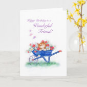 Verjaardag voor vriend, schattige kat met bloemenw kaart (Gele Bloem)