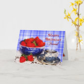 Verjaardag, Vriend, Aardbeien in Antiek Schotel Kaart (Gele Bloem)