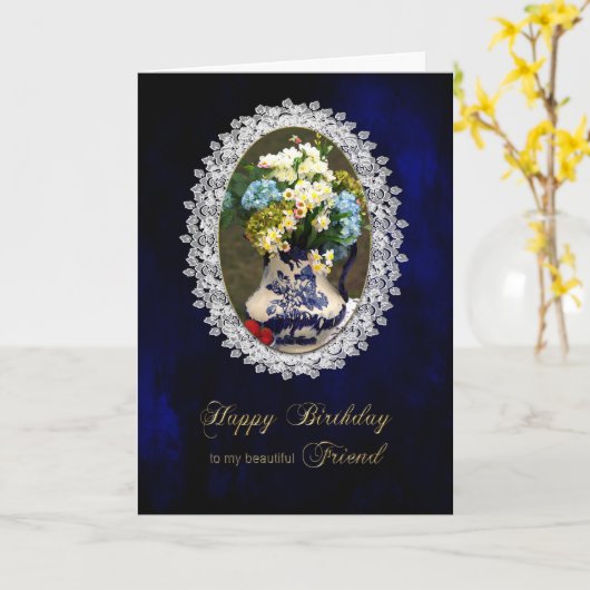 VERJAARDAG - VRIEND, Antiek Flow Blauwe Vaas, Bloe Kaart (Gele Bloem)