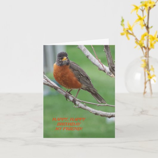 Verjaardag Vriend, Robin & Cake Kaart (Gele Bloem)