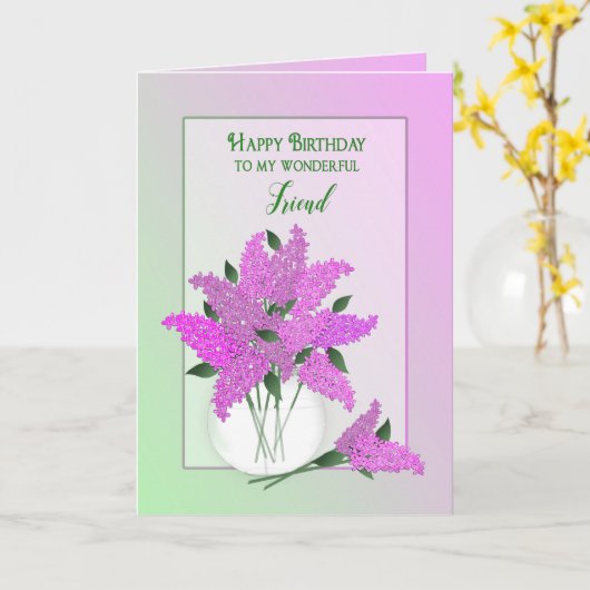 Verjaardag, Vriend, Seringen in een Vaas Kaart (Gele Bloem)