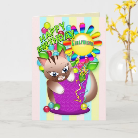 Verjaardag - Vriendin - Kitty Cat Celebrating Kaart (Gele Bloem)