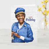 Verjaardag Vrouwelijke Afro-Amerikaanse Postbode Kaart (Gele Bloem)