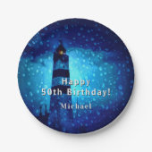 Verjaardag vuurtoren marineblauwe nacht monogram papieren bordje (Voorkant)