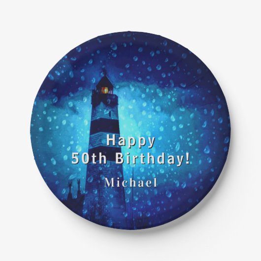 Verjaardag vuurtoren marineblauwe nacht monogram papieren bordje (Voorkant)