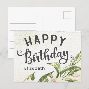 Verjaardag Waterverf Groene Bloemen Elegant Briefkaart