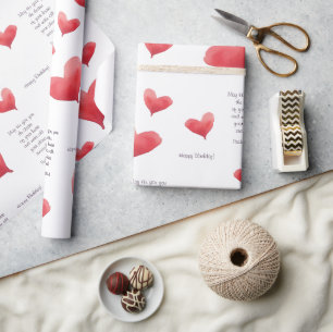 Verjaardag Waterverf Hart   Rood en Paarse Cadeaupapier