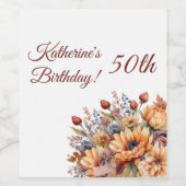 Verjaardag-Waterverf Herfst Bloemen- Wijn Etiket (Enkel label)