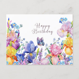 Verjaardag waterverf iris bloemen en tuin briefkaart