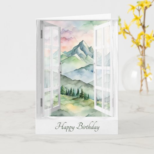 Verjaardag Waterverf Mountain Uitzicht in het raam Kaart (Gele Bloem)