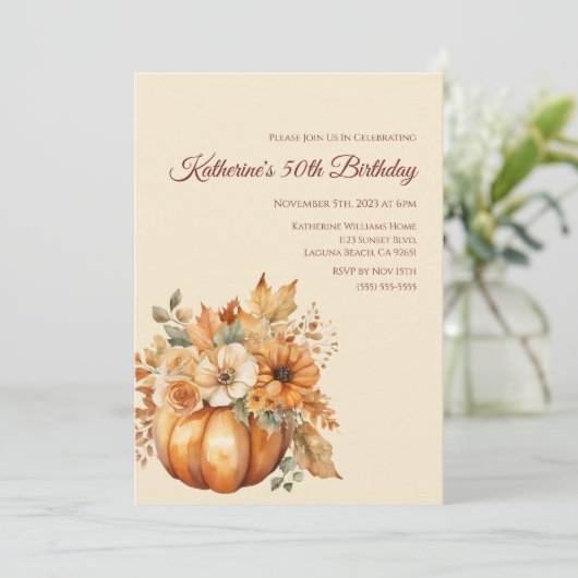 Verjaardag-Waterverf Pompoen en Bloemen- Kaart (Staand voorkant)