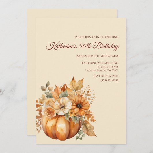 Verjaardag-Waterverf Pompoen en Bloemen- Kaart (Voorkant / Achterkant)