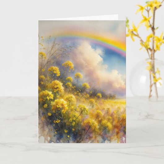 Verjaardag Waterverf Rainbow Over Wildflower Meado Kaart (Gele Bloem)