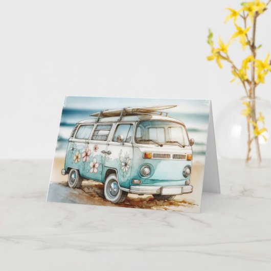 Verjaardag Waterverf Retro Campervan met Surfboard Kaart (Gele Bloem)