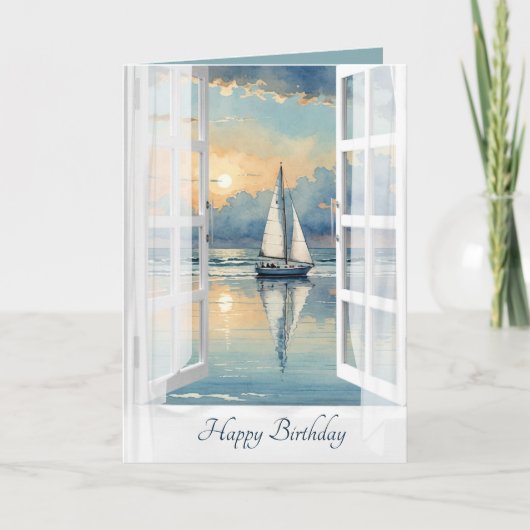 Verjaardag Waterverf zeilboot in een open raam Kaart (Voorkant)
