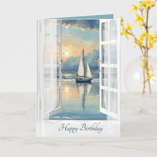 Verjaardag Waterverf zeilboot in een open raam Kaart (Gele Bloem)