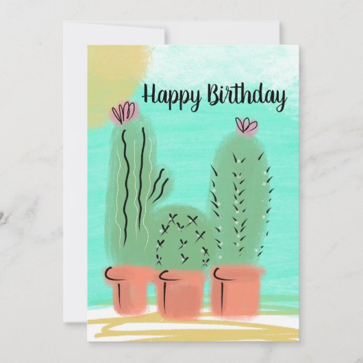 Verjaardag Waterverf Zonnige Dag Cactus Pot Kaart (Voorkant)