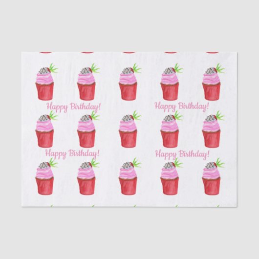 Verjaardag Watervlek Aardbei Cupcake Tissuepapier (Voorkant)