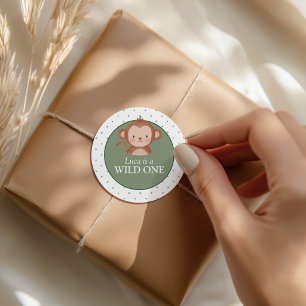 Verjaardag Wild One Boys Safari Groen Aap Ronde Sticker