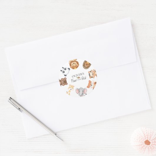 Verjaardag wild safari 4 jaar ronde sticker (Envelop)