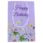 Verjaardag Wildbloemen op Paarse Gingham Medium Cadeauzakje (Voorkant)