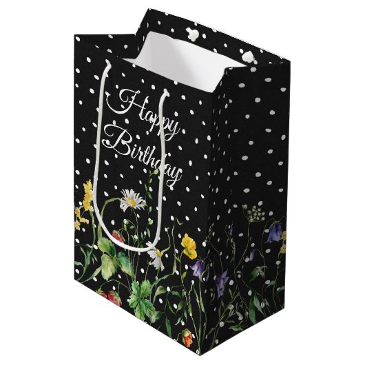 Verjaardag Wildbloemen op Polka dots Medium Cadeauzakje (Voorkant Gekanteld)