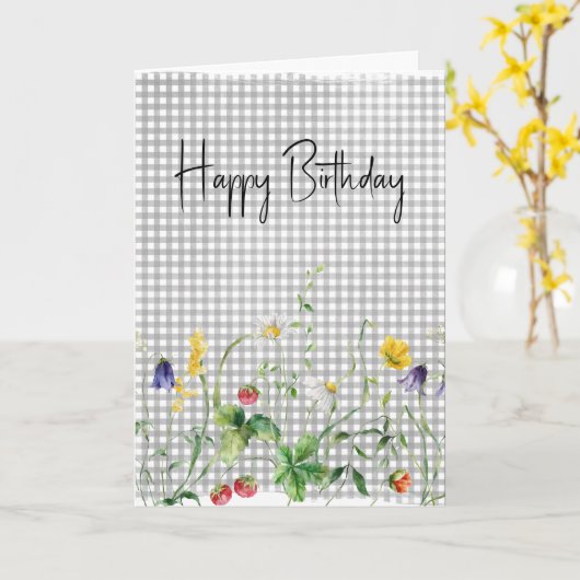 Verjaardag Wildbloemen op Silver Gingham Kaart (Gele Bloem)