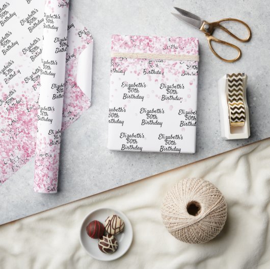 Verjaardag wit blush roze glitter naam cadeaupapier (Crafts)