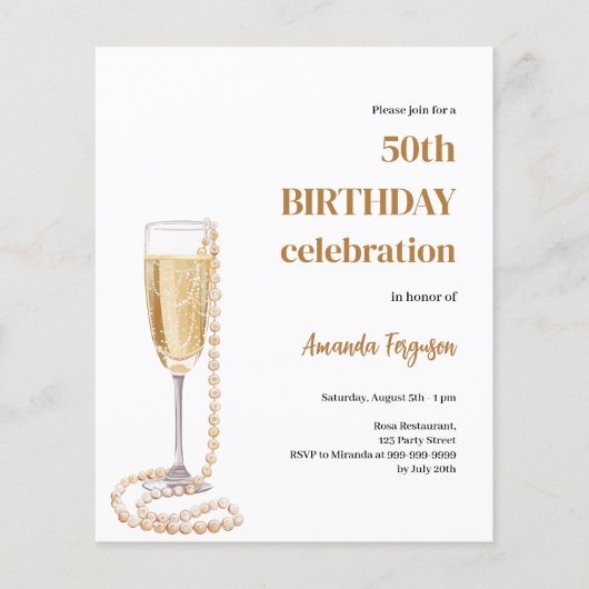 Verjaardag wit goud bubbelige wijn parels uitnodig (Voorkant)