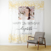 Verjaardag wit goud glitter foto naam welkom  wandkleed (In situ)