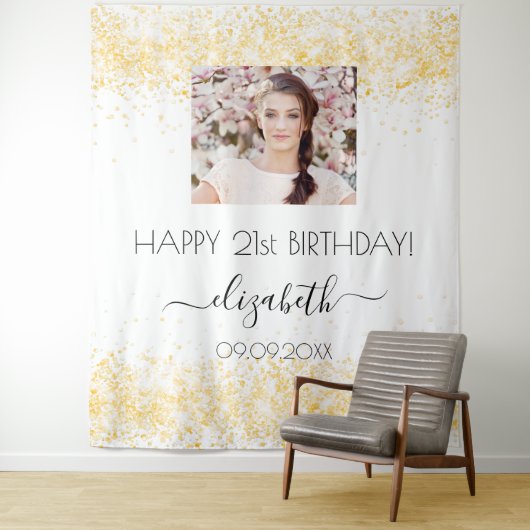 Verjaardag wit goud glitter foto naam welkom  wandkleed (In situ)