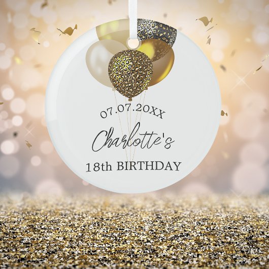 Verjaardag wit goud luipaard ballonnen naam glas ornament