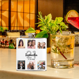 Verjaardag wit monogram foto collage vrienden heupfles