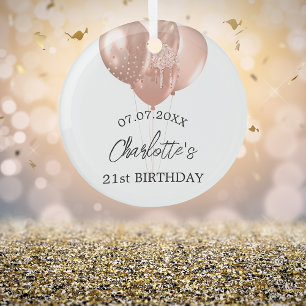 Verjaardag wit rosé gouden ballonnen naam glas ornament