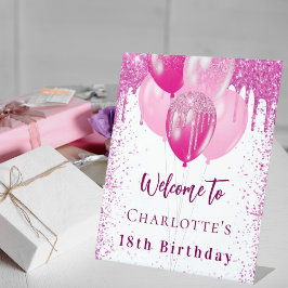 Verjaardag wit roze ballonnen meisje welkom feest reclamebord met voetstuk