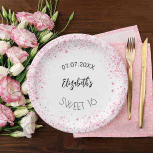 Verjaardag wit roze glitter meisjesnaam papieren bordje