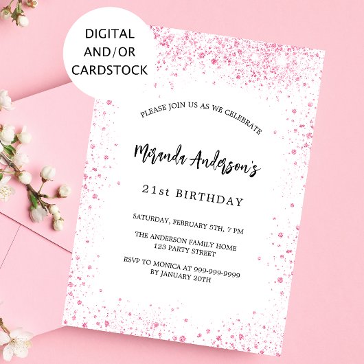 Verjaardag wit roze glitter schittert elegant kaart