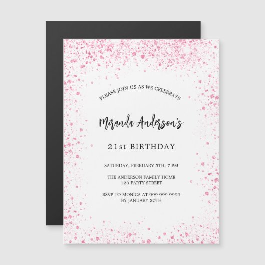 Verjaardag wit roze glitters glans luxe magnetische uitnodiging (Voorkant / Achterkant)