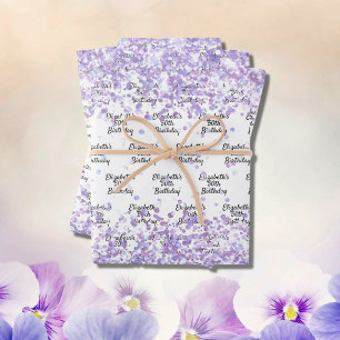 Verjaardag wit violet lavendel glitter naam inpakpapier vel