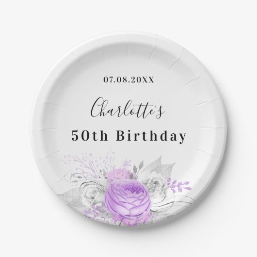 Verjaardag wit violette bloemen zilver papieren bordje (Voorkant)