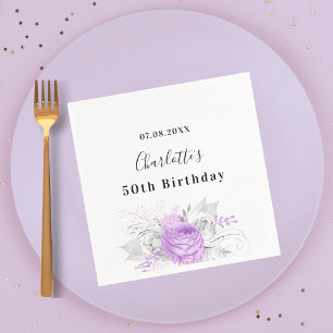 Verjaardag wit violette bloemen zilver servet