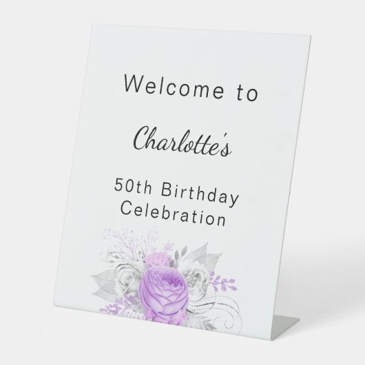 Verjaardag wit violette bloemen zilver welkom reclamebord met voetstuk (Voorkant)