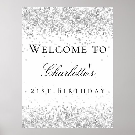 Verjaardag wit zilveren glitter welkom poster (Voorkant)