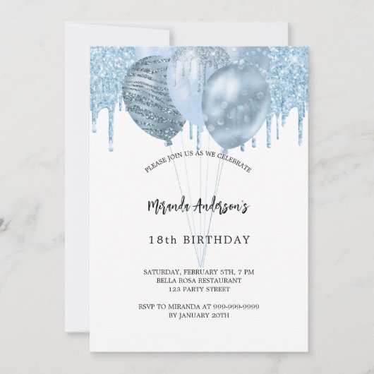 Verjaardag witte blauwe ballonnen glitter druppels kaart (Voorkant)