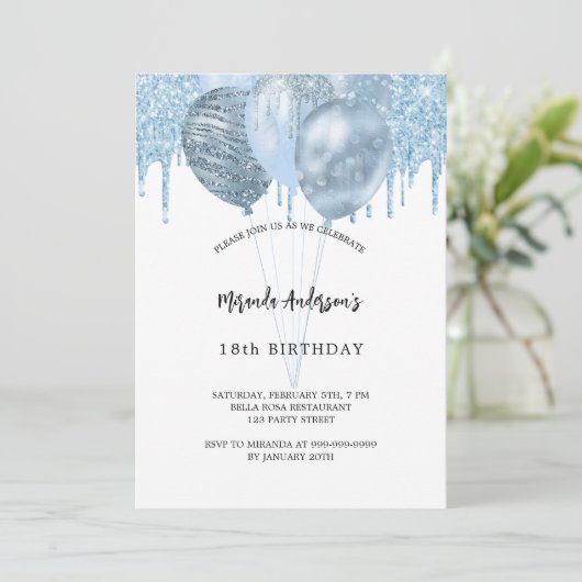 Verjaardag witte blauwe ballonnen glitter druppels kaart (Staand voorkant)