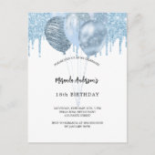 Verjaardag witte blauwe ballonnen glitter druppels uitnodiging briefkaart (Voorkant)