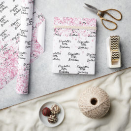Verjaardag witte blos roze glitters naam cadeaupapier
