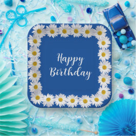 Verjaardag Witte Daisy Border op Blauw Papieren Bordje