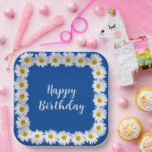 Verjaardag Witte Daisy Border op Blauw Papieren Bordje (Feest)